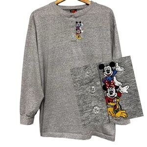 VTG Mickey Unlimited Gray Long Sleeve Henley Mickey Mouse Embroidered Sz XL